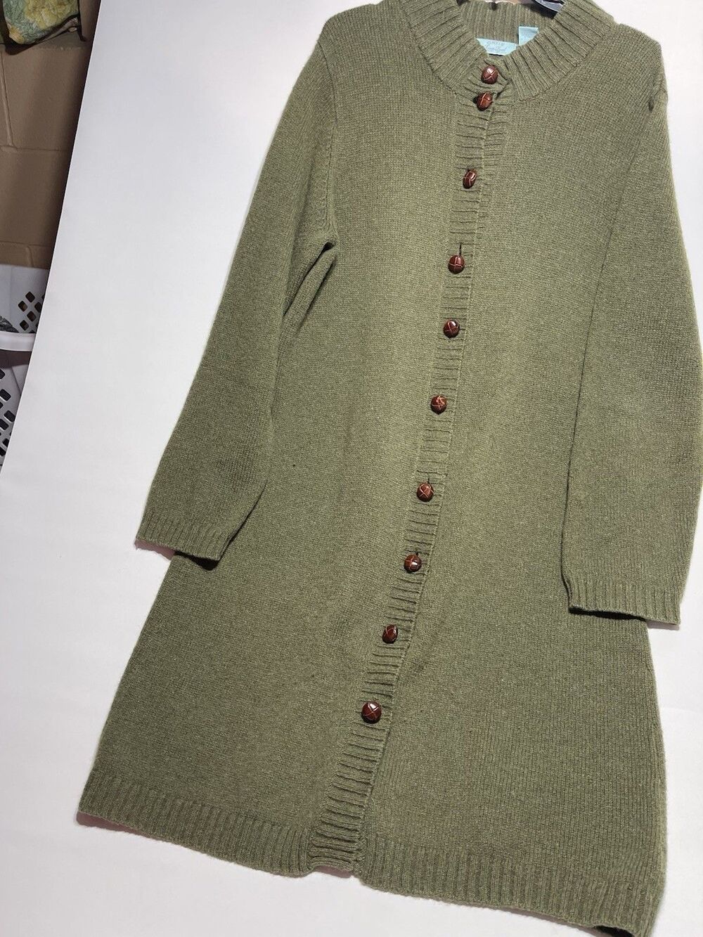 Orvis Olive Green Long Knit Cardigan with Wood Buttons